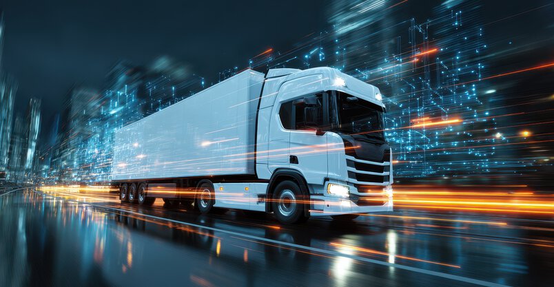 Nighttime city scene with a white truck driving through glowing streets in a busy urban setting 