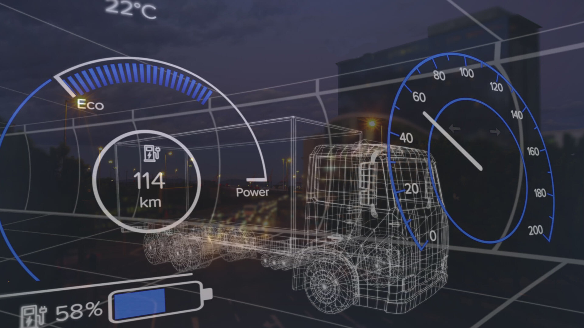 Technisch aussehende Zeichnung eines Tachos mit Liniengrafik eines Lkw im Hintergrund