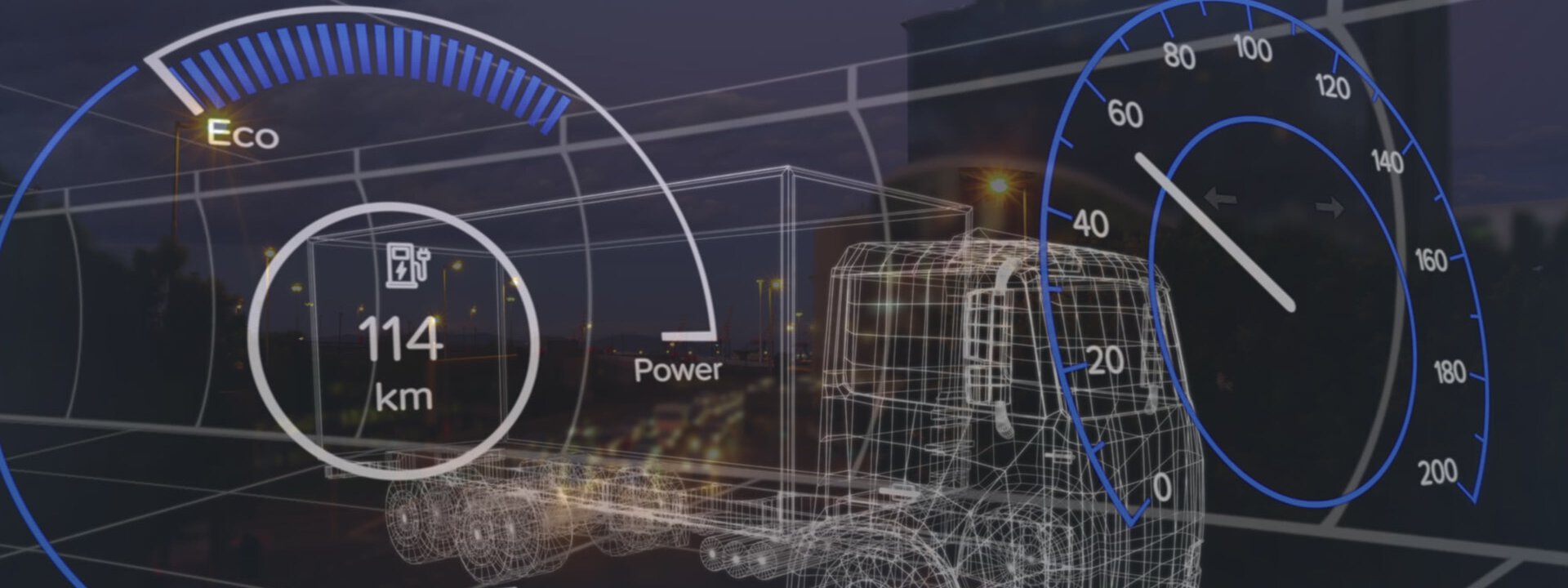 Technisch aussehende Zeichnung eines Tachos mit Liniengrafik eines Lkw im Hintergrund