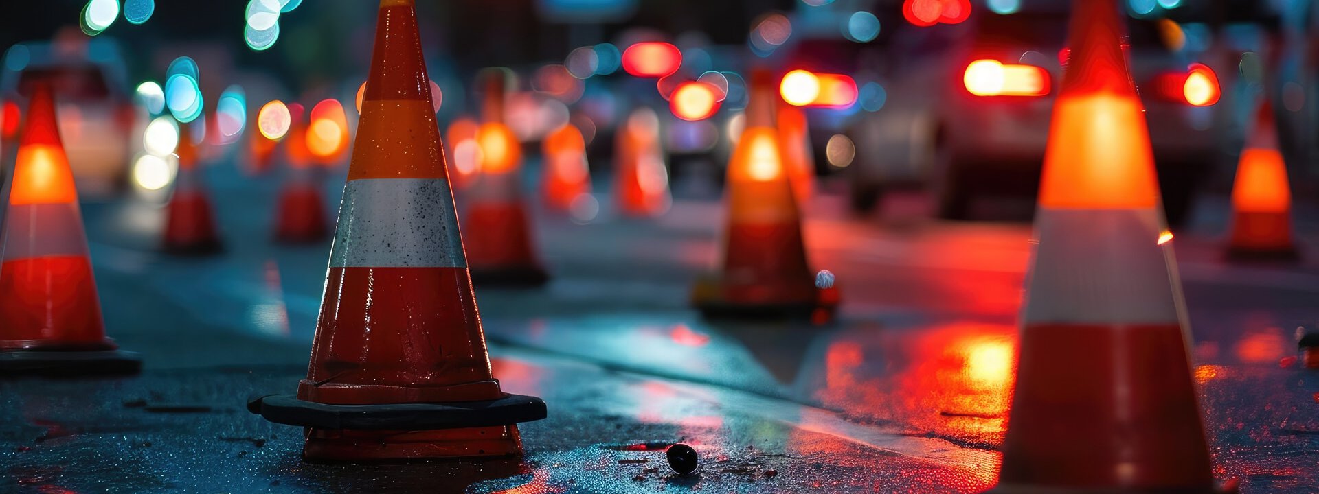 Merhere orange Hütchen auf spiegelnder Straße bei Nacht