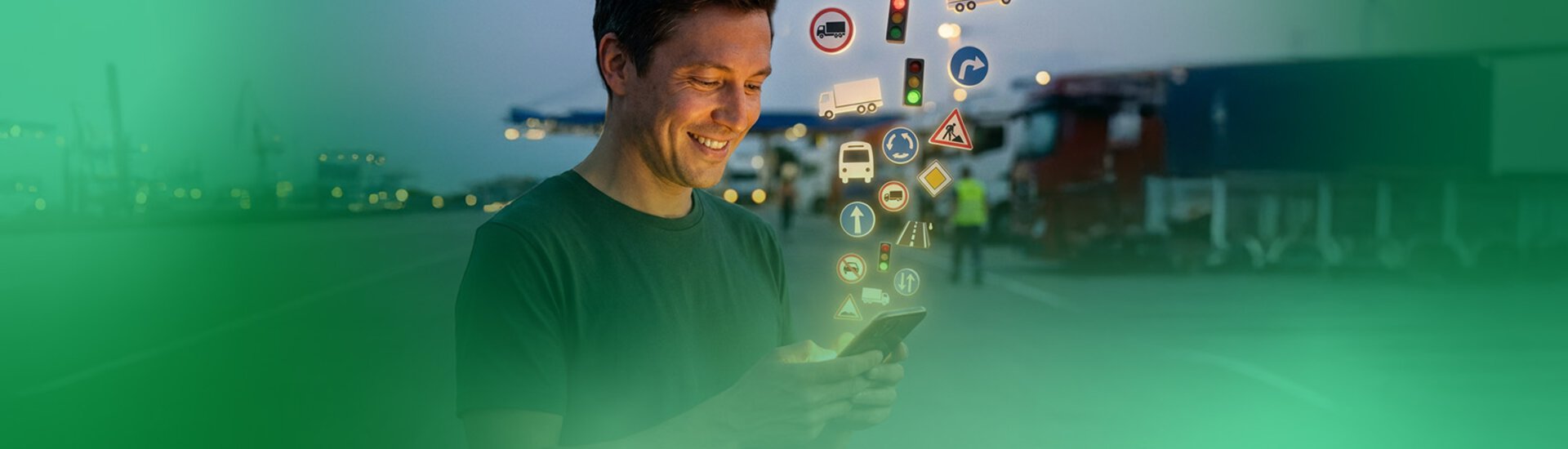 Lkw-Fahrer auf Parkplatz schaut in Smartphone aus dem 3D Icons fliegen. Thema Verkehr