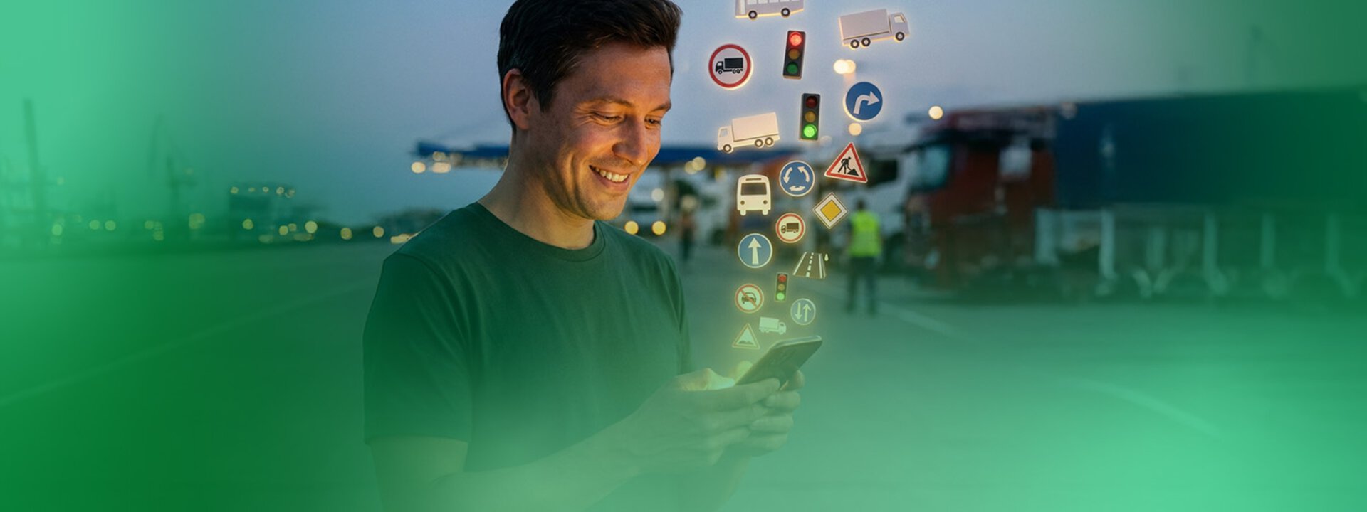 VogelCheck. Das Lernprogramm für die beschleunigte Grundqualifikation als App und im Web Lkw-Fahrer auf Parkplatz schaut in Smartphone aus dem 3D Icons fliegen. Thema Verkehr
