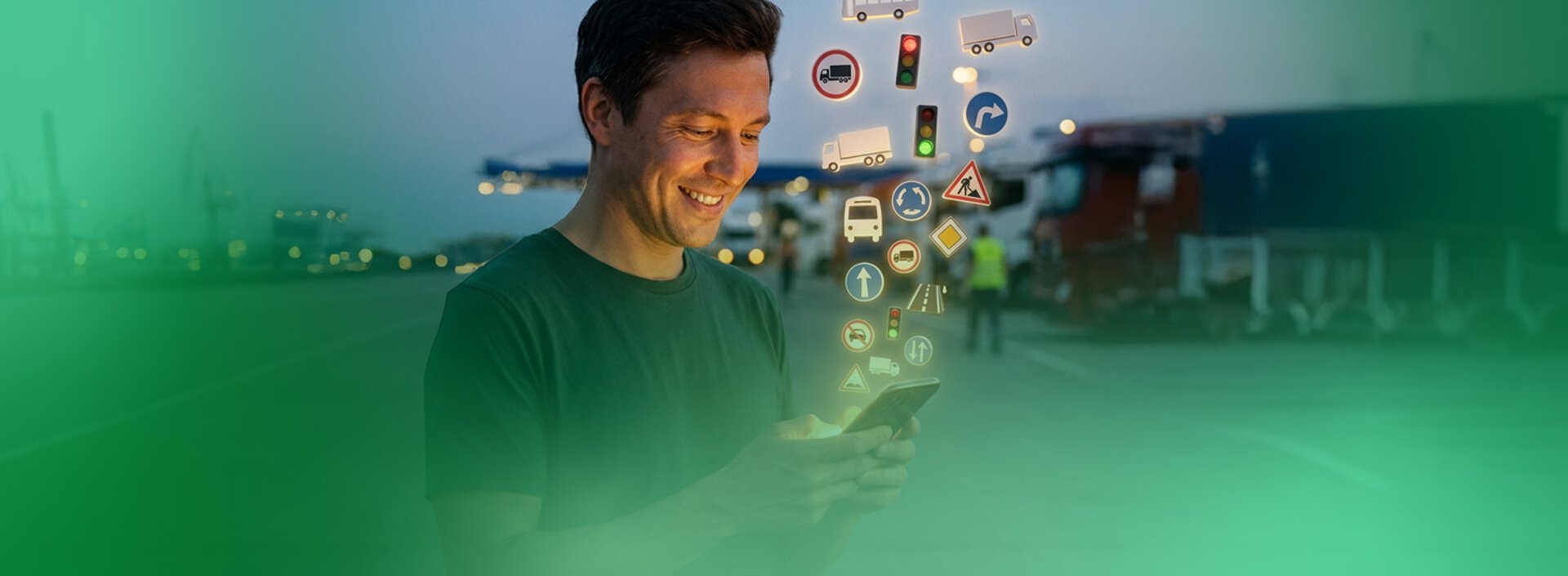 Lkw-Fahrer auf Parkplatz schaut in Smartphone aus dem 3D Icons fliegen. Thema Verkehr